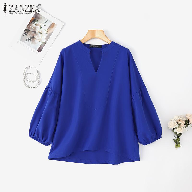 ZANZEA Women Casual V-Neck Solid Color Loose 3/4 Sleeve Blouse