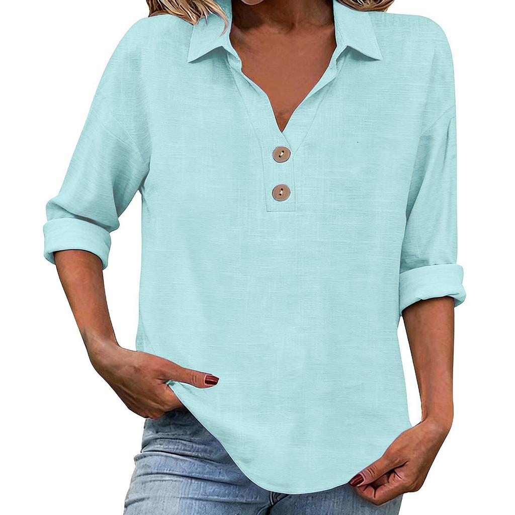 Women's Seven-Sleeve Cotton Linen Lapel Shirt - Solid Color, Casual, Breathable