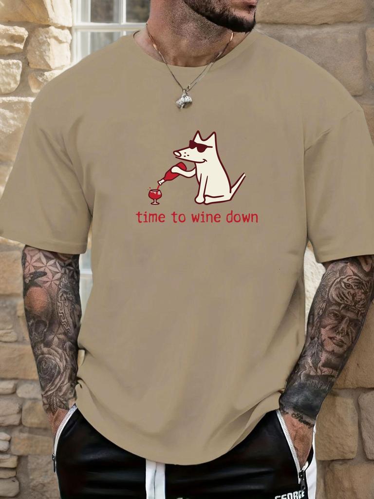 2025 New Hot Mens Summer Short Sleeve TShirt with Funny Dog Pouring Wine Time to Wine Down Print Casual Soft Cotton Tee