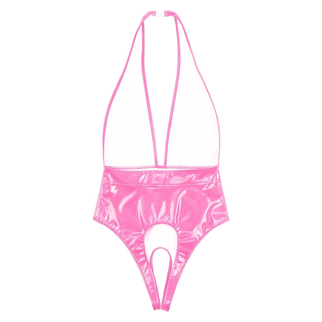 Womens Lingerie Latex Bodysuit Patent Leather Halter Catsuit with A Buckle Closure Sexy Open Crotch Leotard Jumpsuit Clubwear