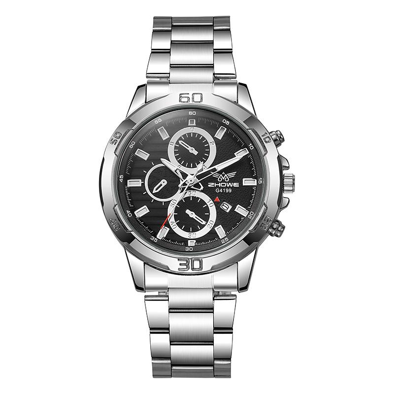 Fashion Casual Business Alloy Steel Belt Silver Scale Decorative Three-Eye Calendar Men S Quartz Watch