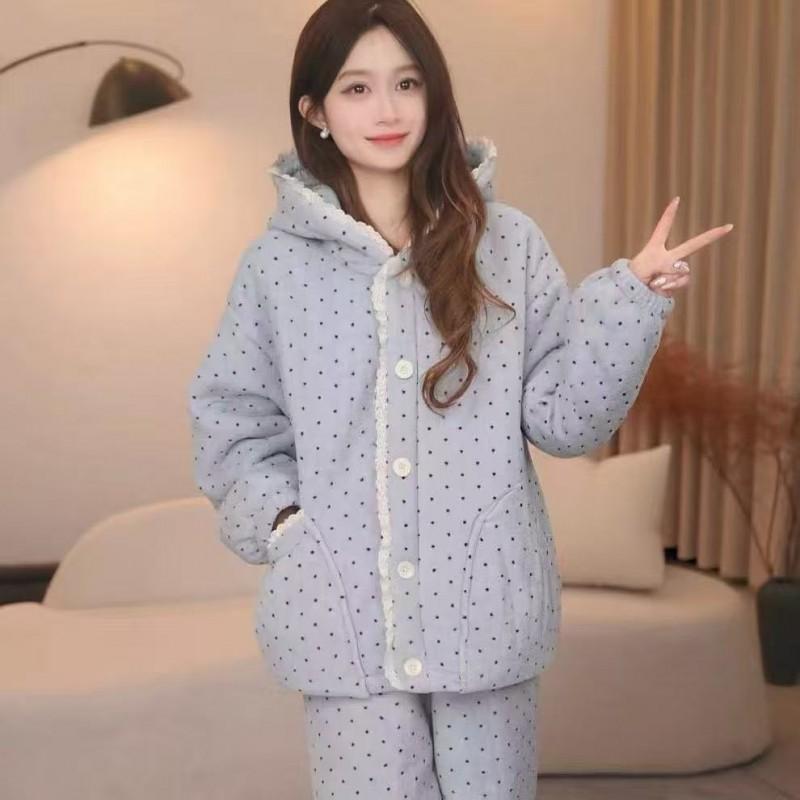 Womens Winter Hooded Pajama Set Thick Warm Fleece Loungewear Home