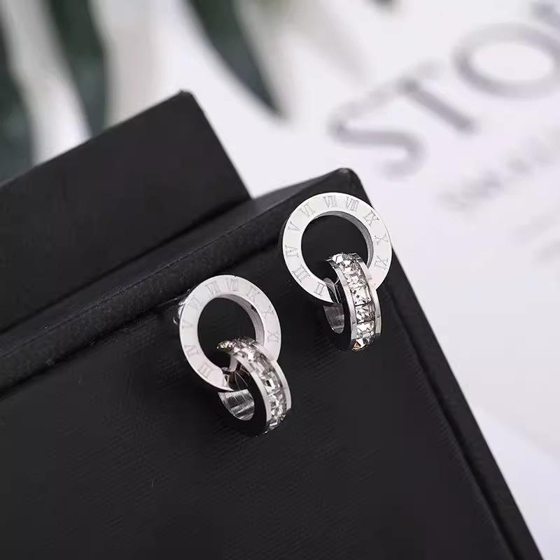 Stainless Steel Gold Silver Color Roman Numeral Zircon Stud Earrings Fashion Luxury Waterproof Earrings for Women Jewelry Gift