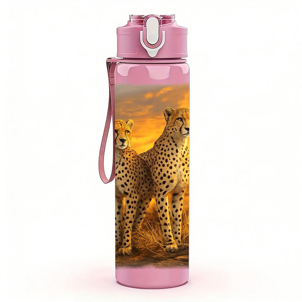 1PC Savanna Cheetah Portrait 750ml Color Plastic Sports Water Bottle Leakproof Flip Straw Lid Suitable for Sports Office Home Use