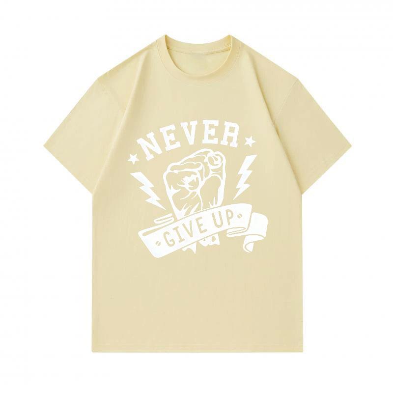 Men's 100% Cotton Crew Neck Short Sleeve T-Shirt, Never Give Up Fist Lightning Motivational Print Casual Breathable Summer Tee for Daily Wear