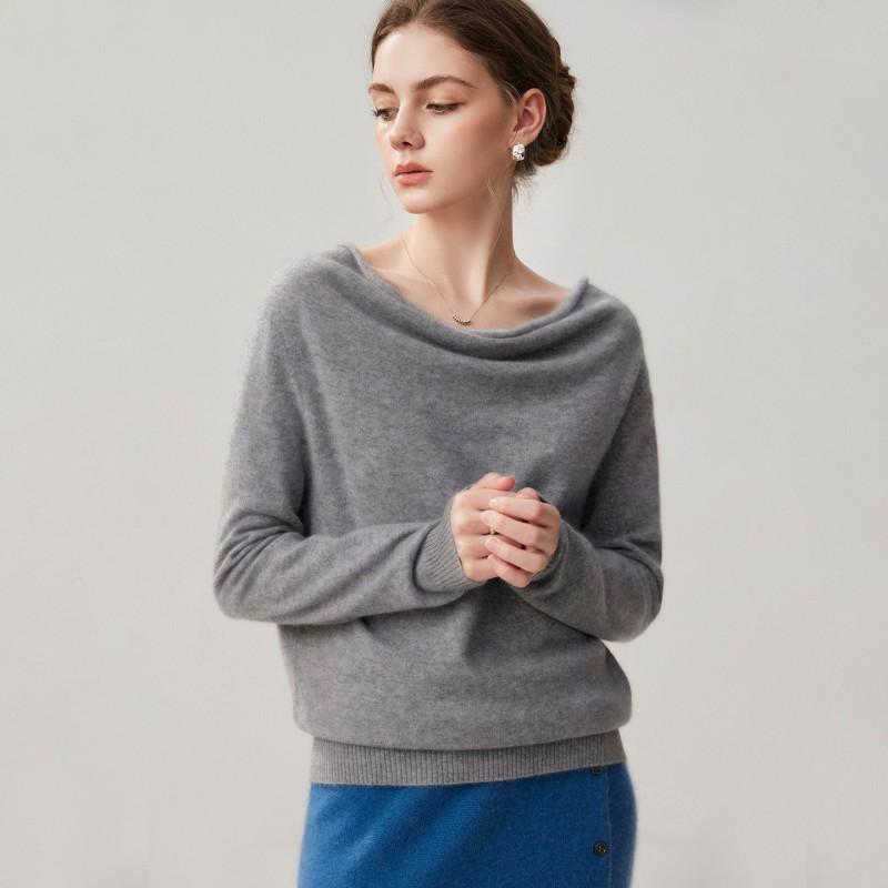 Womens Cashmere Blend Sweater With Batwing Sleeves Loose Fit Turtleneck-Free Boat Neck Knit Top Winter