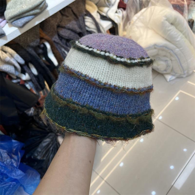 New Fashionable Contrasting Color Horizontal Striped Wool Blended Bucket Hat Women's Winter Face Small Warm Fisherman Hat