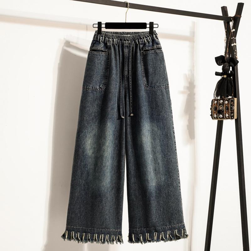 Spring/Summer Plus Size Women s Wide-Leg Raw Hem Jeans M светло-синий