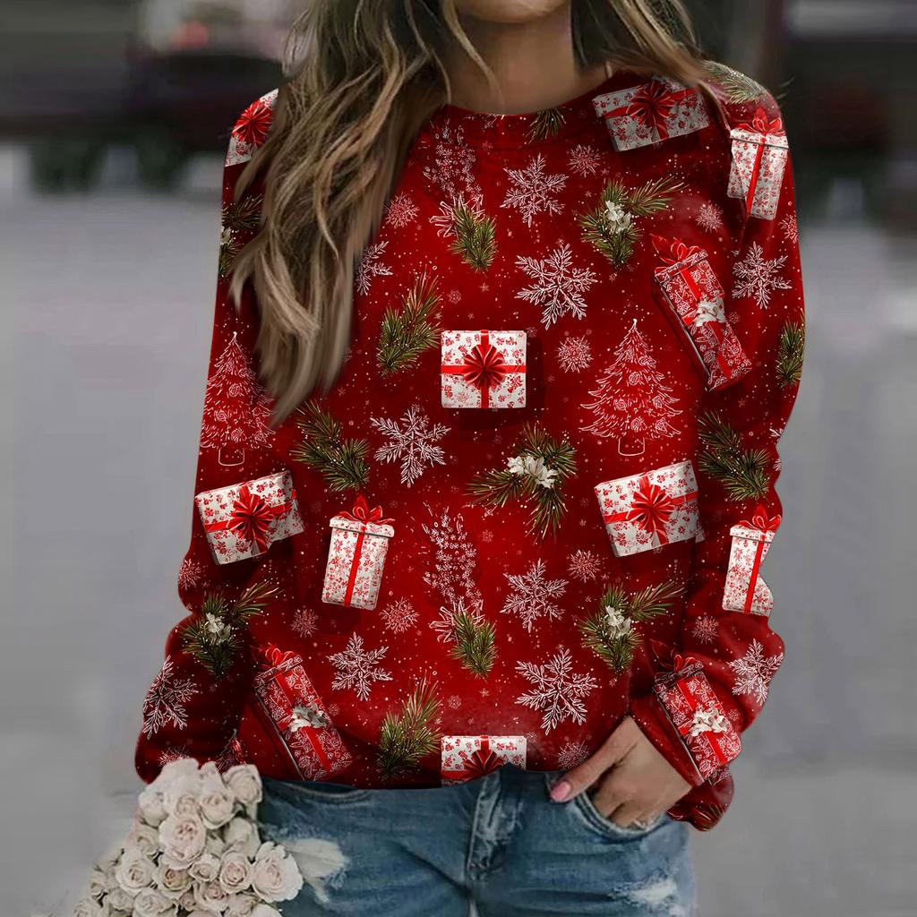 Women's Fashion Casual Long Sleeve Christmas Printed Neck Sweatshirt Top
