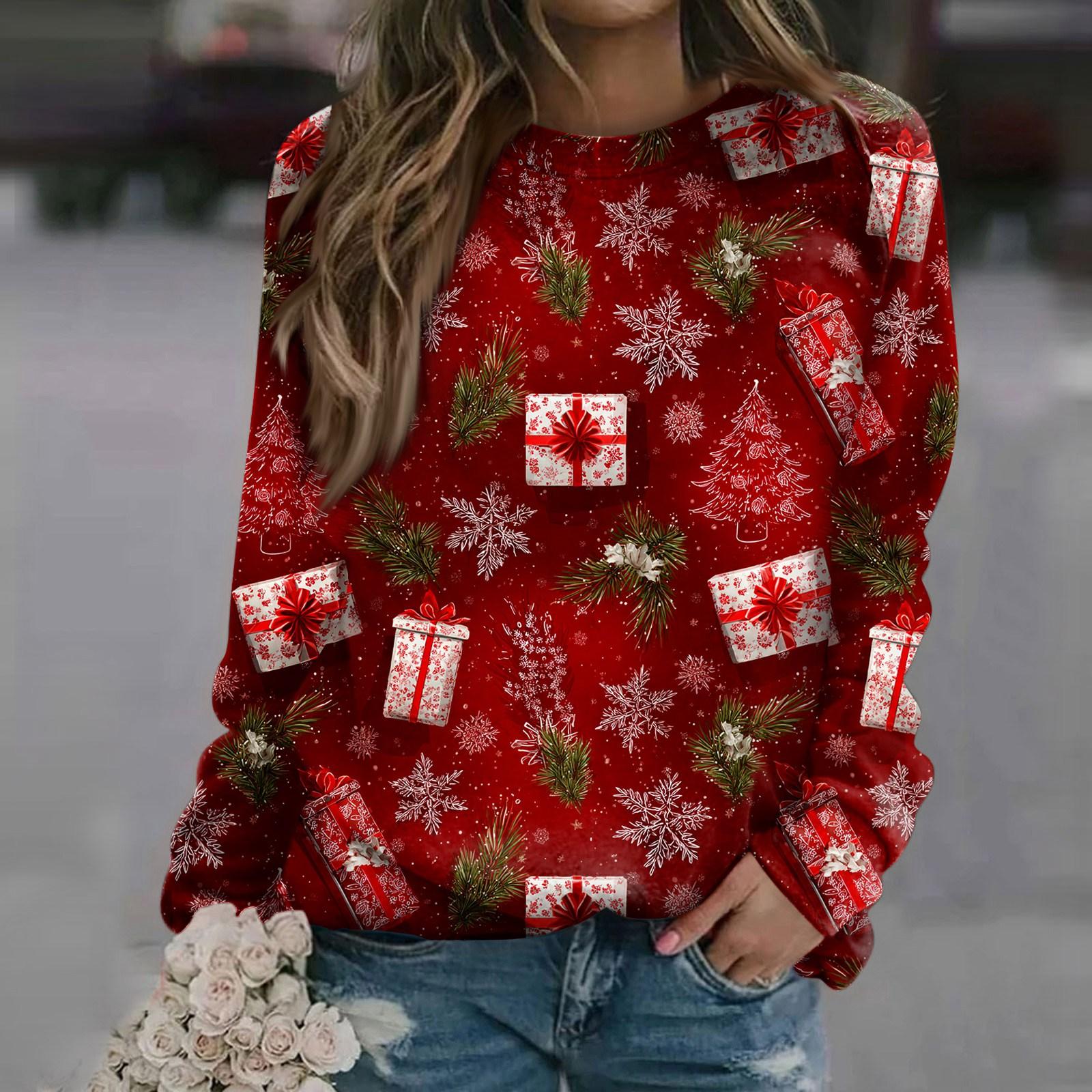 

Женская модная повседневная толстовка с длинным рукавом и рождественским принтом на шее S