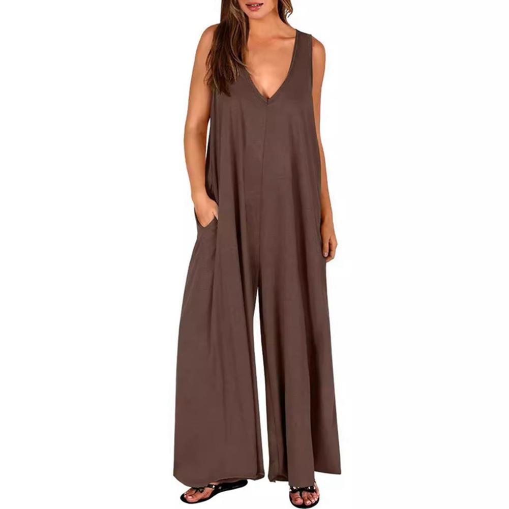 

Women s Summer Solid-Color V-Neck Casual Loose-Fit Sleeveless Jumpsuit 3XL