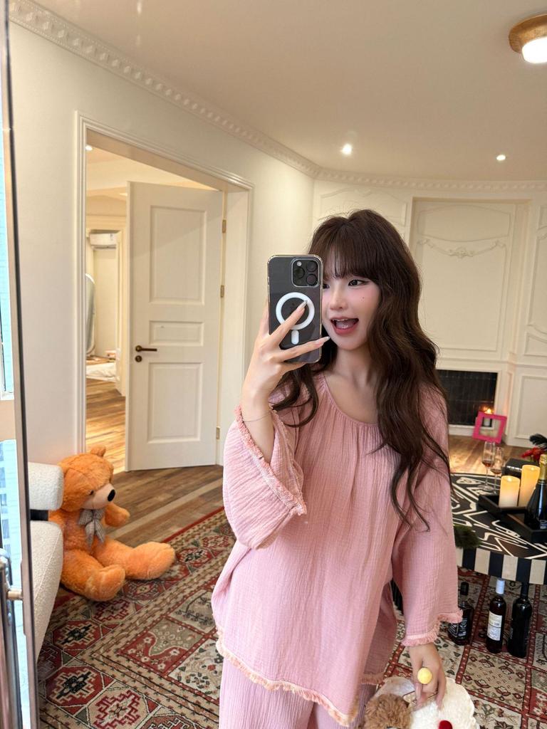 Women's Cotton Pajama Set - Solid Color, Long Sleeve, Long Pants, Casual Relaxed Fit for Spring/Summer.