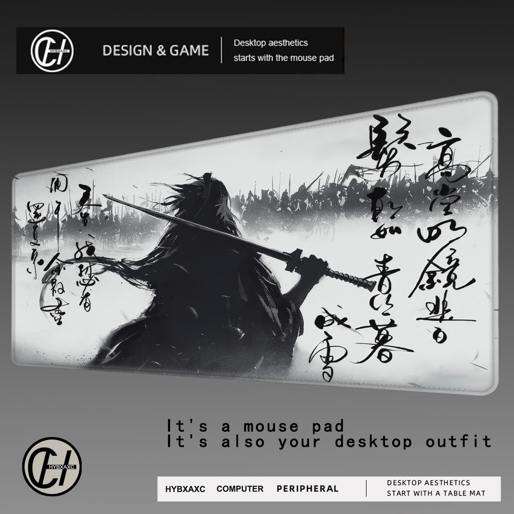 HYBXAXC Ink Warrior Mouse Pad XXL Anime Samurai Rug Gaming Pc Accessories 40x90cm Office Desks Aesthetic Mousepad Table Cushion