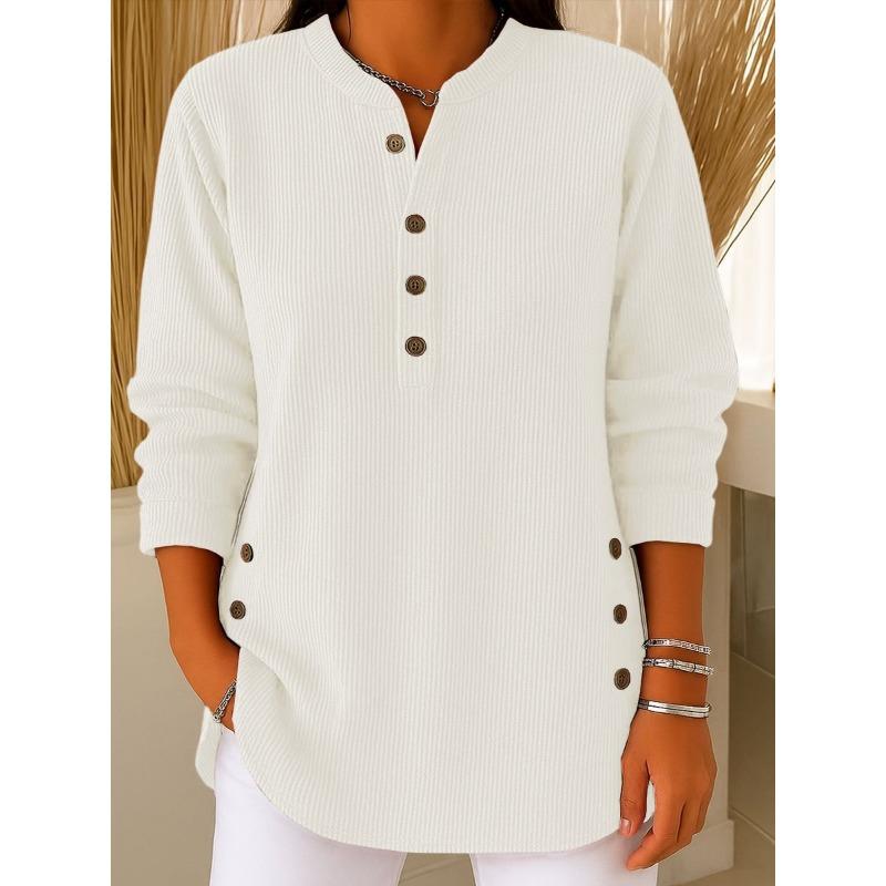 Women's Ribbed Knit Henley Top Long Sleeve Relaxed Fit Tunic with Side Buttons