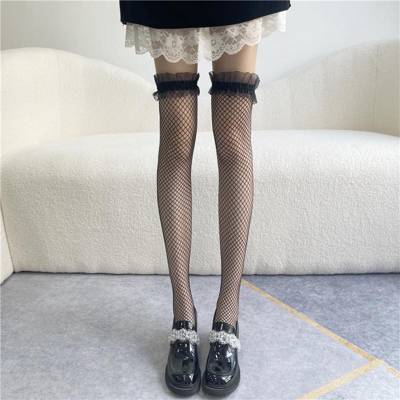 Gothic Lace Transparent Thigh High Stockings Women Punk JK Thin Silk Solid Hosiery Sexy Red Edge New Over The Knee Long Socks
