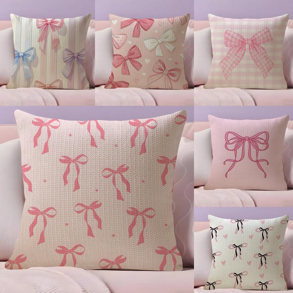 Pink Bow INS Cushion Cover Natural Linen Pillow Case DoubleSided Print Decorative Sofa Pillowcase Home Decor Gift