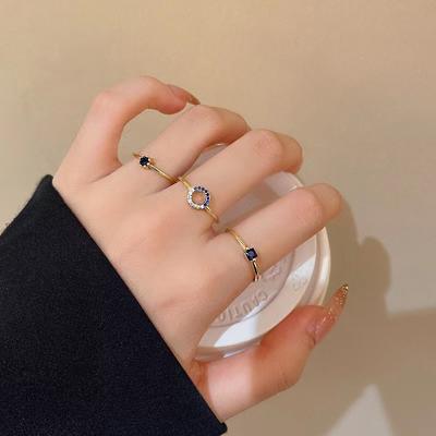 Niche Temperament Retro Blue Zircon Ring Women'S Simple High-End Stacked Three-Piece Open Ring