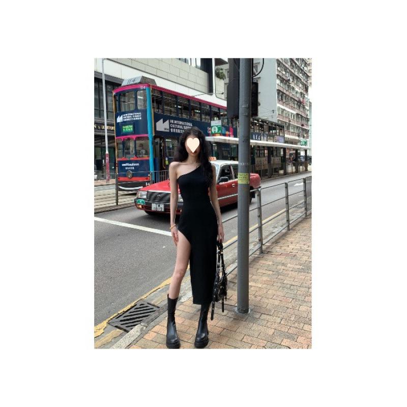 Black One Shoulder Sleeveless Vest Dress Women s Summer Sexy Spice Girl Split Medium Dress Waist Hip Wrap Skirt S