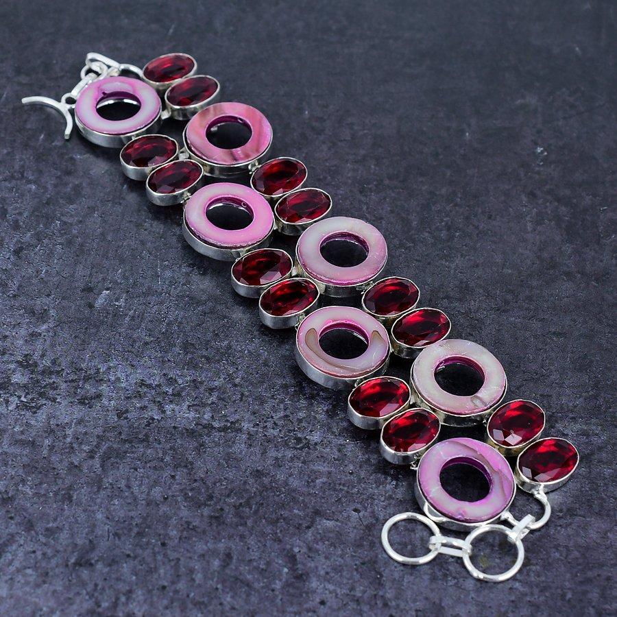 Shell, Garnet Gemstone Handmade 925 Sterling Silver Bracelet 7-8" l9A72