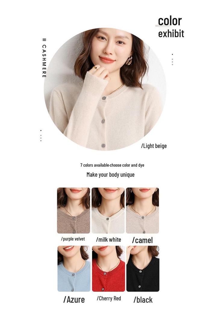 Women's Long Sleeve Cashmere Cardigan - Plain Round Neck Knitwear for Autumn/Winter