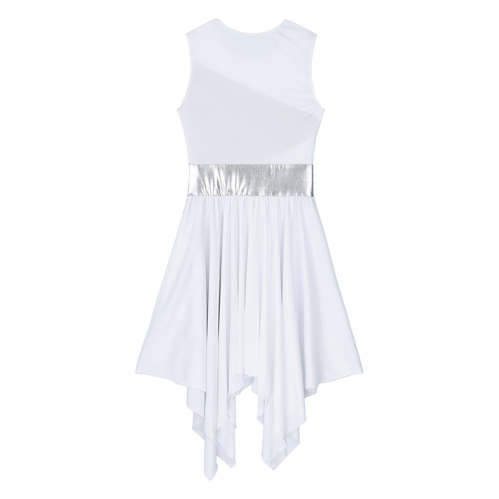 Womens Color Block Dance Dress Sleeveless Round Neck Design Asymmetrical Hem Performance Party Wear