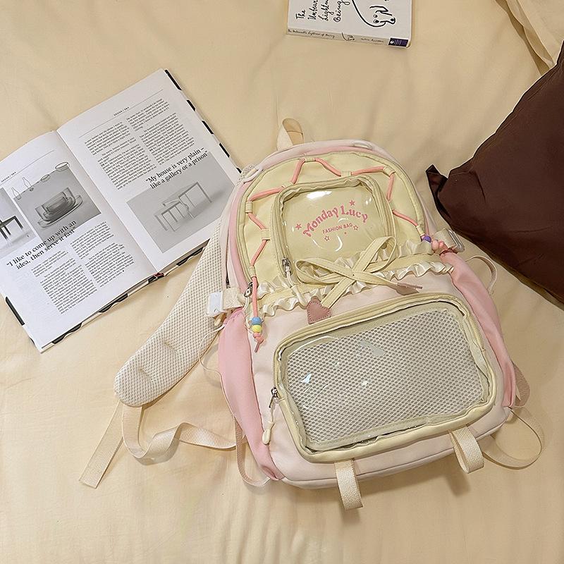 Women's Color Block College-Style Backpack with Ballet Ruffle Lace Design