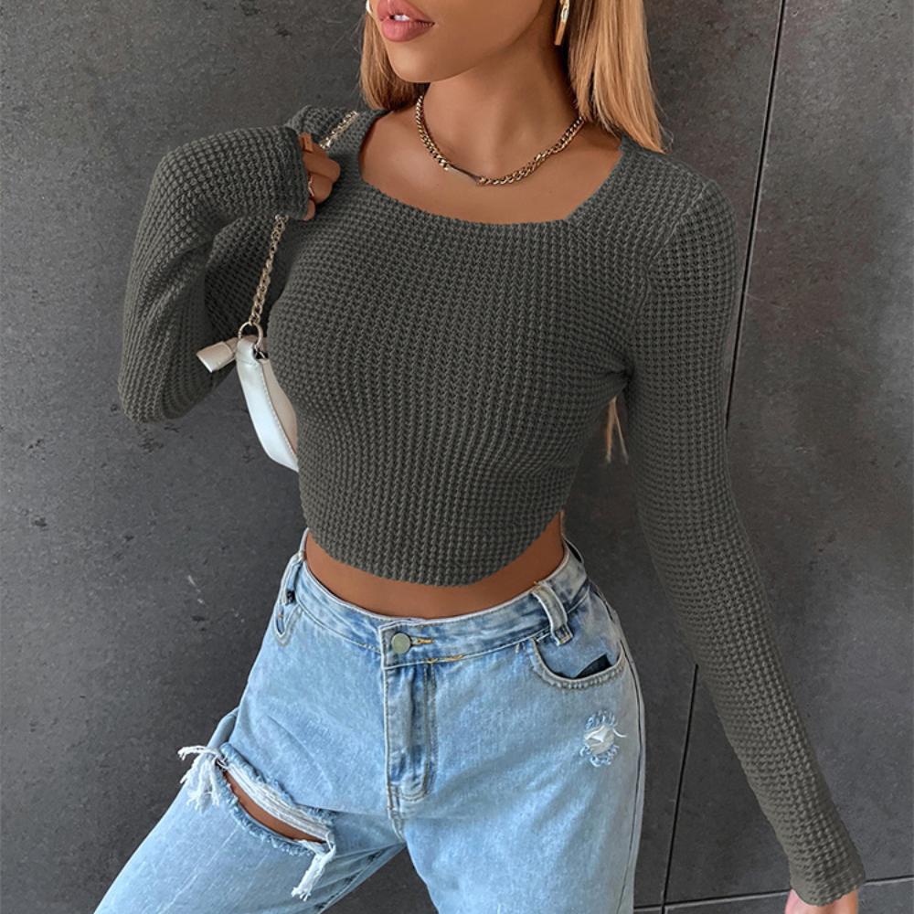 Women Square Neck Vintage Solid Sweater Pullovers Casual Long Sleeves Jumpers Autumn Female Slim Kintting Top