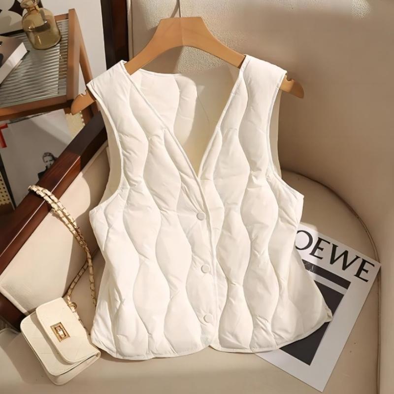 

Жилеты женские осень зима весна сохраняют тепло застегивающиеся на пуговицы универсальные однотонные плиссированные с глубоким V-образным вырезом новые утепленные мягкие топы повседневный шик M белый