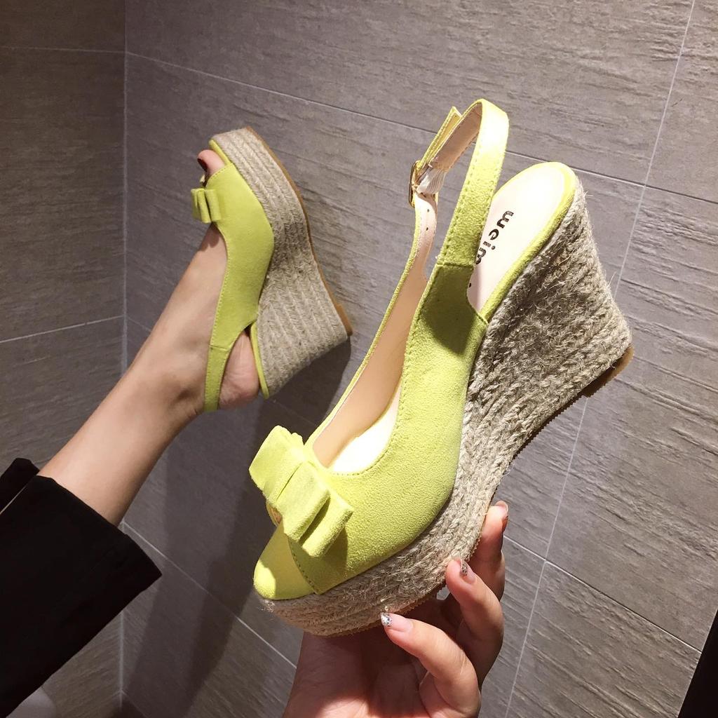 Summer 2025 New Fishmouth Suede Waterproof Platform Thick-Soled Jute Rope Straw Woven Wedge Heel Women'S Shoes