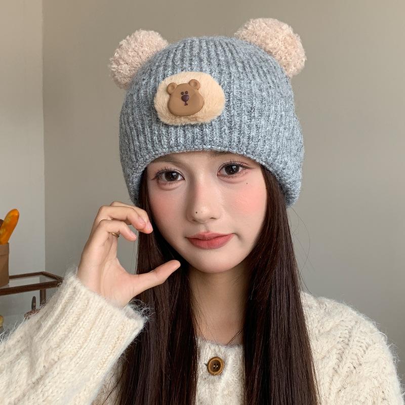 Japanese Cute Bear Hat Women's Autumn and Winter Knitted Hat Large Head Circumference Plus Velvet Cold Proof Woolen Hat Warm Ear Protection Hat