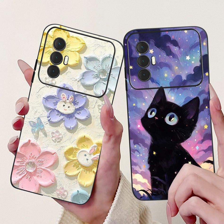 For Tecno Spark 8 Pro 8T 8P Elegant Floral Cat Phone Case For Tecno Spark8 8T 8P 8Pro Black Silicone Soft TPU Cases Bumpers