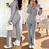 Damen 2-teilige Trainingsanzüge Reißverschluss Kapuzenpullover und Schlaghosen Gerippte Strick-Outfits Sexy Bodycon Workout-Trainingsanzüge