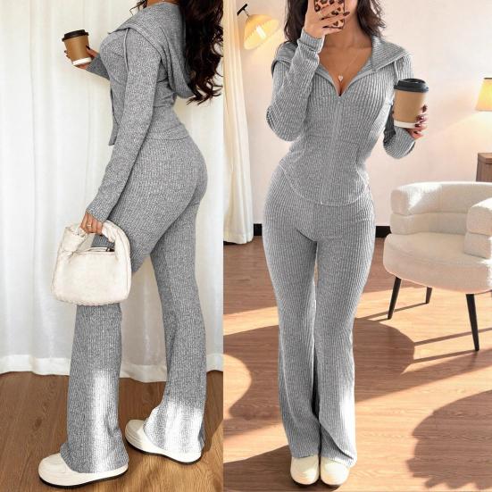 Damen 2-teilige Trainingsanzüge Reißverschluss Kapuzenpullover und Schlaghosen Gerippte Strick-Outfits Sexy Bodycon Workout-Trainingsanzüge