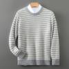 Men's 100% Pure Wool Striped Round Neck Sweater - Casual Cashmere Knitwear