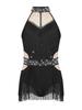 Girls Latin Dance Bodysuit Sleeveless Cutout Back Design Sheer Mesh Patchwork Shiny Rhinestones Tassel Leotard