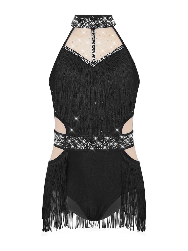 Girls Latin Dance Bodysuit Sleeveless Cutout Back Design Sheer Mesh Patchwork Shiny Rhinestones Tassel Leotard