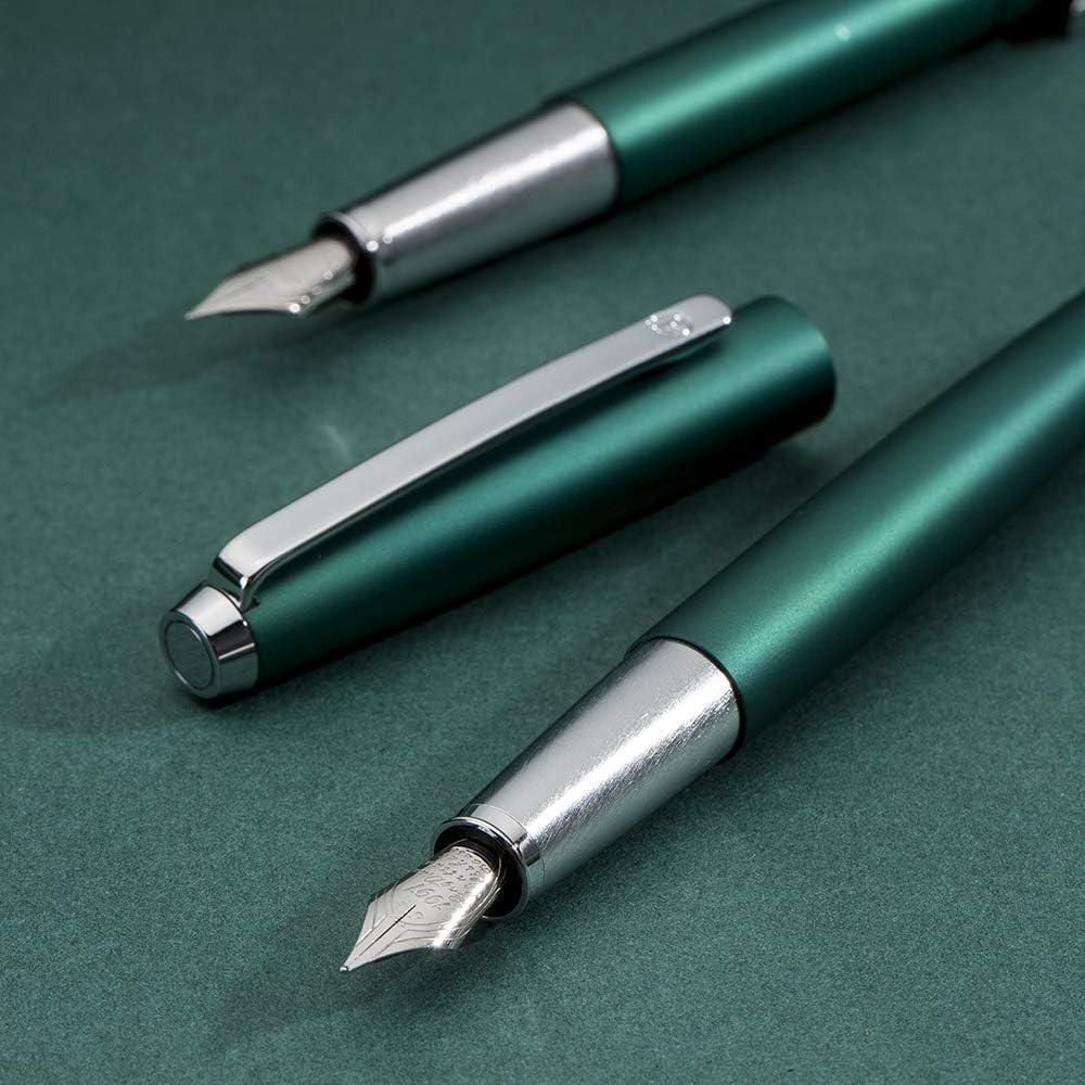 HongDian 525 Green Metal Fountain Pen, Extra Fine Nib Classic Pen, Includes Metal Pen Case and Refillable Converter