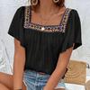 Summer Women Blouse Lace Embroidered Square Neck Backless Pullover Shirt Short Sleeve Lotus Leaf Holiday Spring S-XL