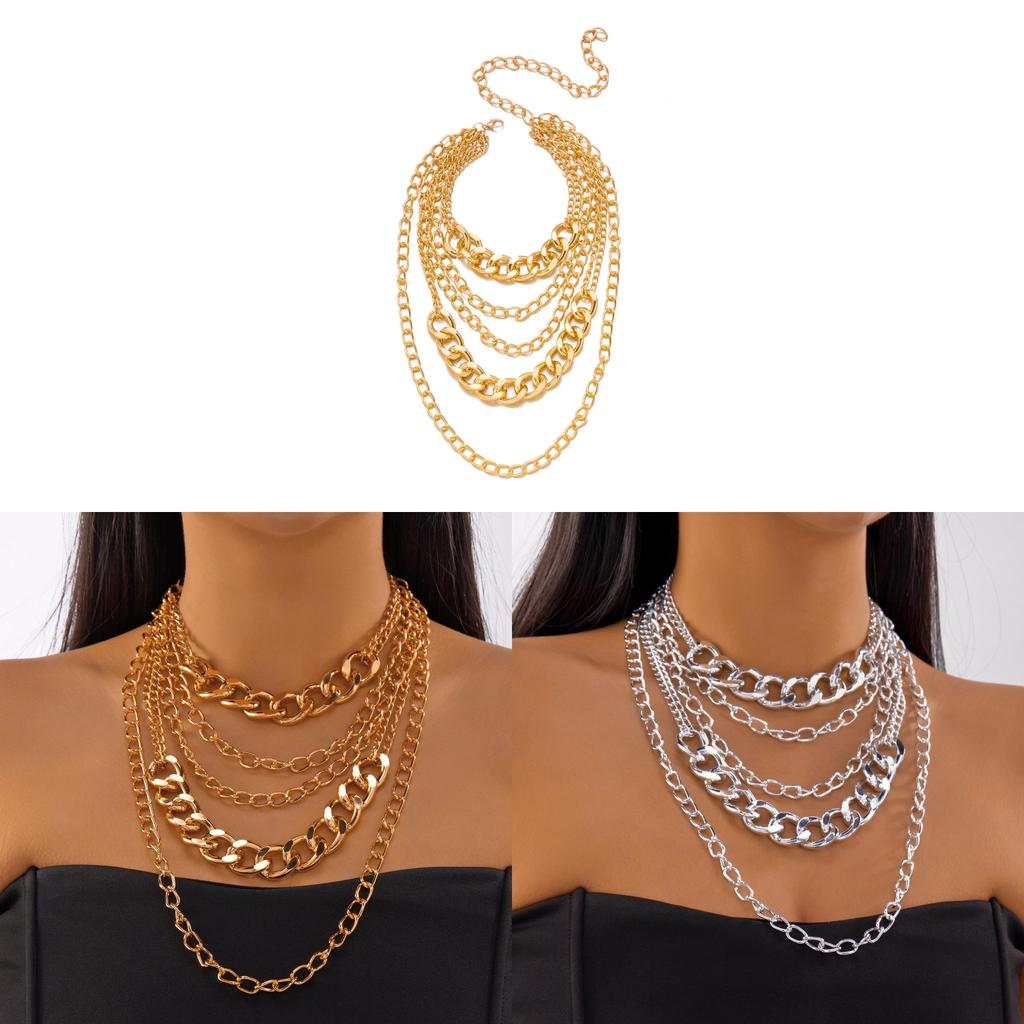 Collier Punk Géométrique Superposé Avec Chaîne Surdimensionnée Pour Femmes Et Hommes