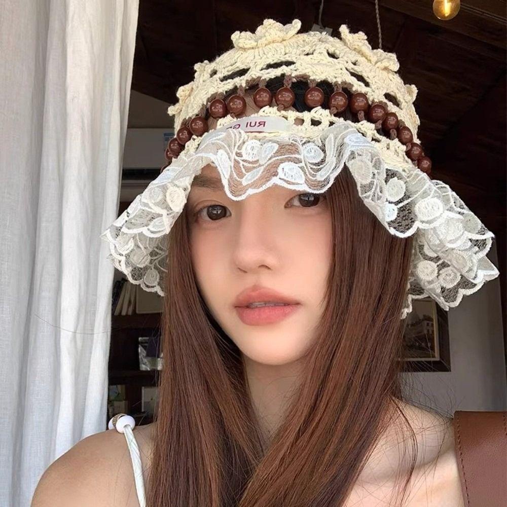 Handmade Crochet Bucket Hat Summer Weave Basin Caps Sweet Beads Knitted Hat  Girls