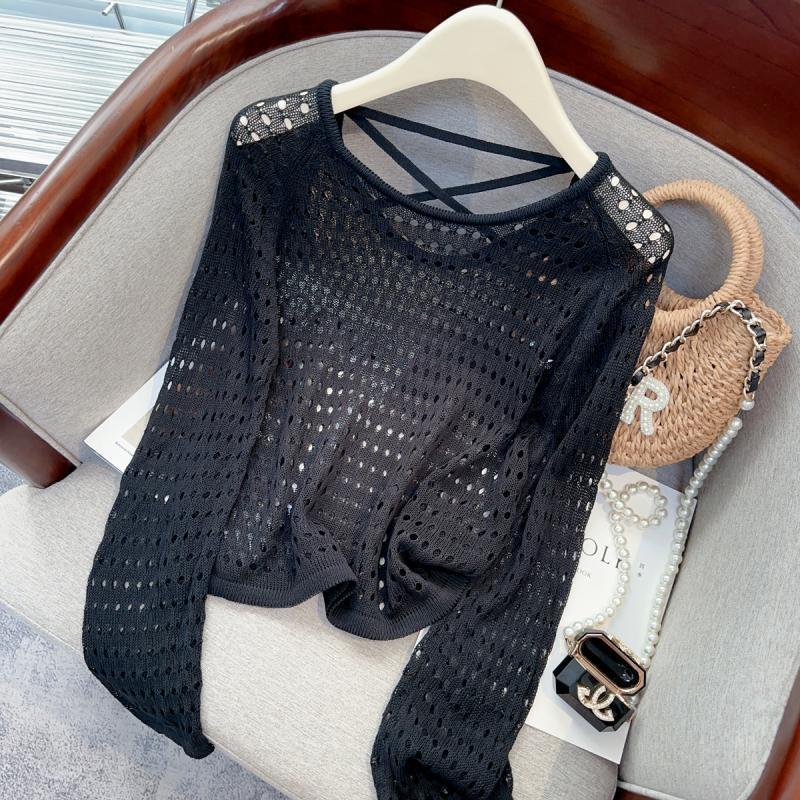 

Вязаный свитер с открытой спиной, круглым вырезом, сетчатым ажуром, тонкий, с длинными рукавами, женский, весенне-летний, простой и тонкий топ с защитой от солнца Average size 53-181 чёрный