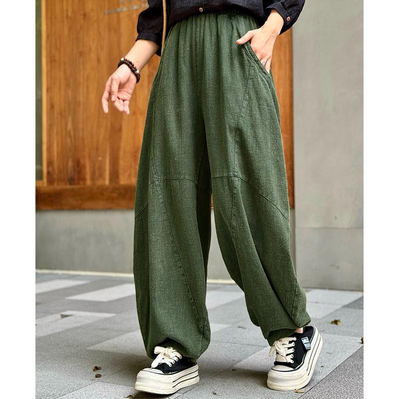 Women's Cotton Linen Loose Lantern Pants - Autumn Zen Meditation Tai Chi Style