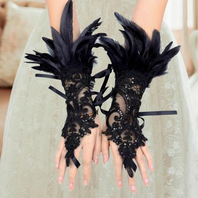 Yousheng 1Pc Sexy Spitze Faux Feder Lange Handschuh Gothic Mesh Ärmel Halloween Party Stickerei Fäustling Weibliche Bühne Zubehör