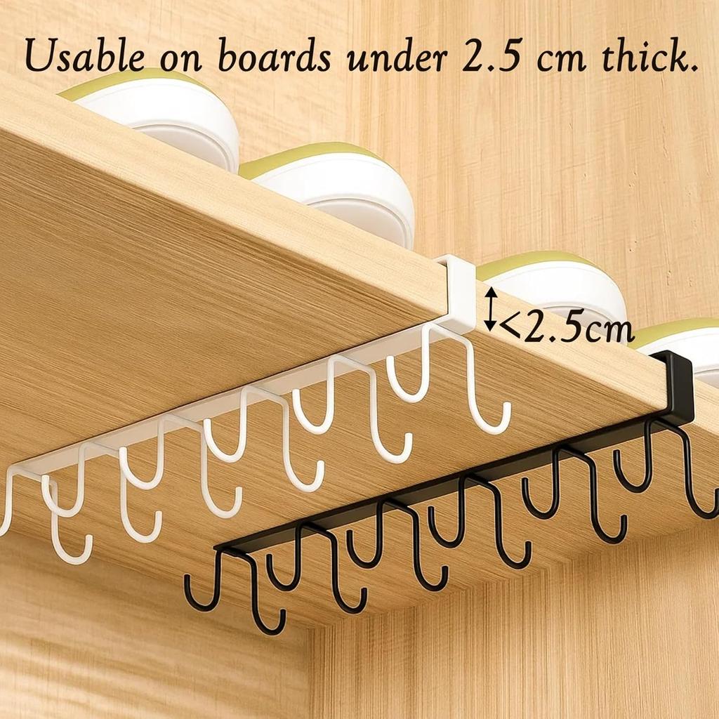 2 Pack Under Cabinet Hook Rack, 12-Hook Double Row Metal Hanging Organizer for Kitchen Utensils, Mugs, Closet Accessories, No Drill Shelf Hanger –