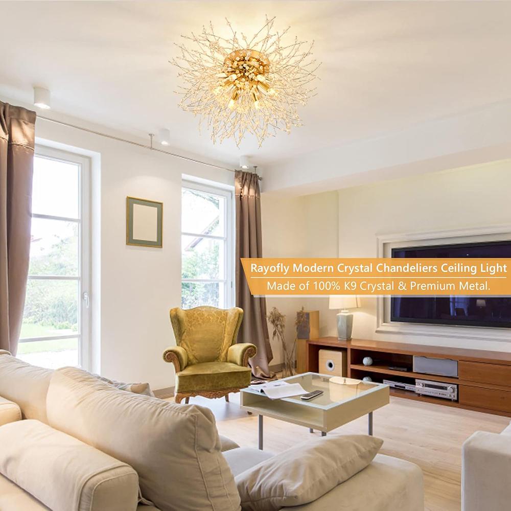 Modern Crystal Chandeliers Ceiling Light, Fireworks Chandelider, Gold Crystals Ceiling Lights, 6 G9 LED, For Living Room, Bedroom, Dining Room