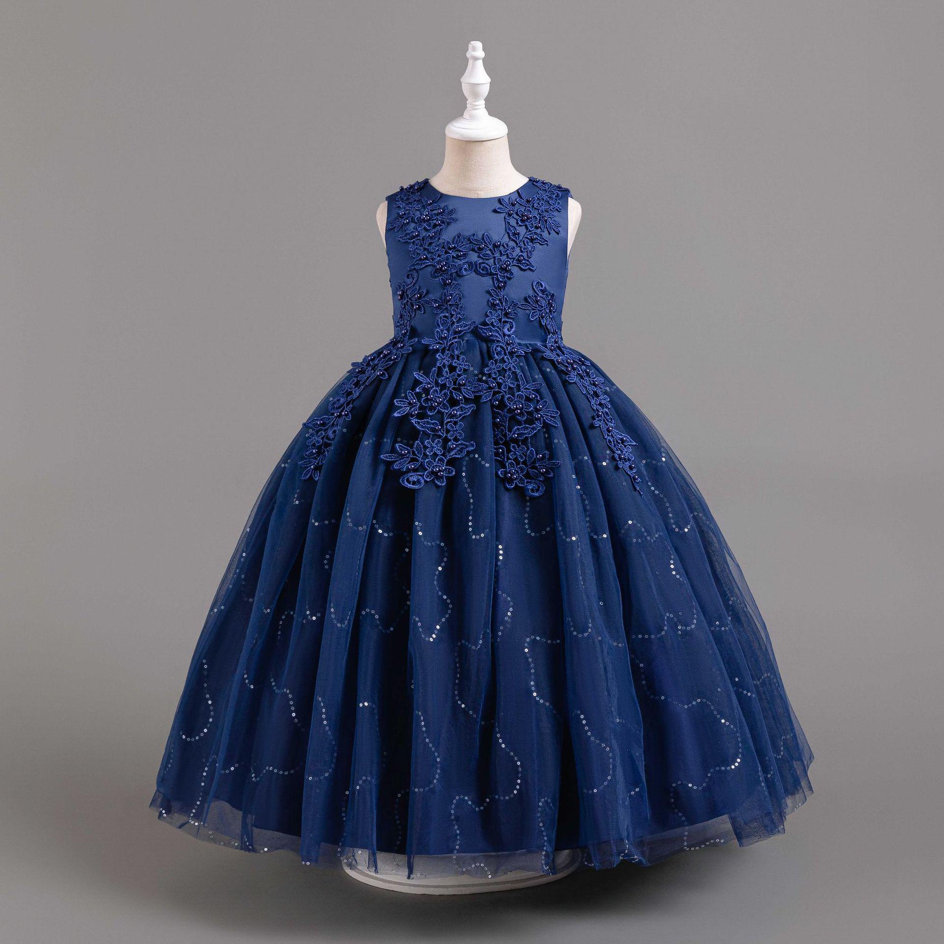 

Дівчаче плаття з паєтками без рукавів для дівчинки-квітоноски, принцеси, бальна сукня, весільна сукня 140 cm темно-синього кольору