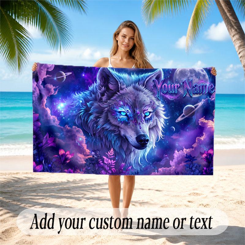 Wolf Theme Beach Towel Personalized Custom Name & Text Soft Quick Dry Beach Towel for Swimming Travel
