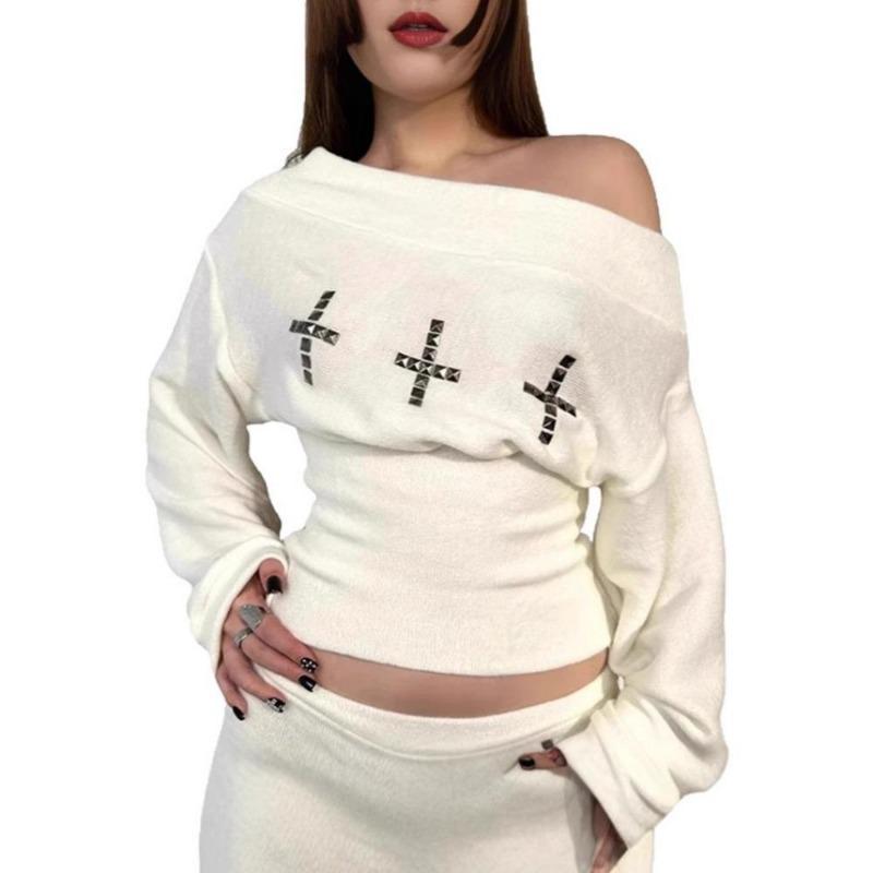 2KWEIRD Goth Aesthetic Women's Boat Neck Long Sleeve Top Sexy Slim Chic Cross Decoration Shorts Y2K Harajuku Emo Girls Streetwear Outfit