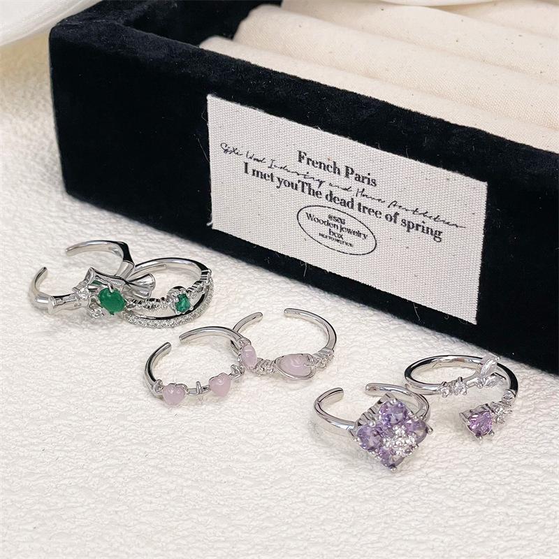The Same Color Treasure Open Ring Light Luxury High Sense Imitation Opal Emerald Purple Zircon Ring Female