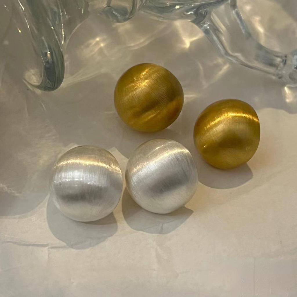 925 Silver Brushed Matte Round Ball Stud Earrings - Retro Hong Kong Style